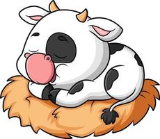 The sleepy cow is sleeping on a straw vector