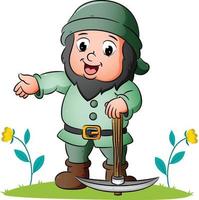 The dwarf is holding the pick axe and showing the pick axe vector