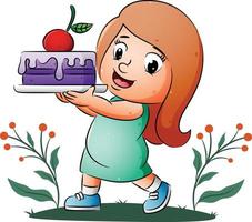 The girl is holding and showing the cake  with the cream and a big cherry vector