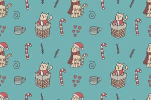 Set of cute cat drawings for Christmas repeat pattern vector