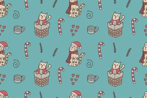 Set of cute cat drawings for Christmas repeat pattern vector