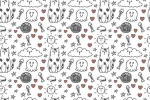 Hand drawn cute cat seamless pattern art. vector