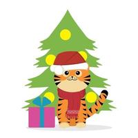 cachorro de tigre en el árbol de navidad vector