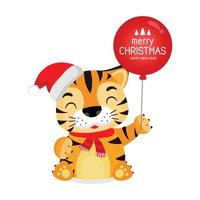 Merry Christmas and happy new year greeting card with cute tiger. vector