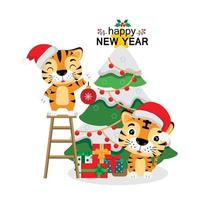 Merry Christmas and happy new year greeting card. Year of the Tiger. vector