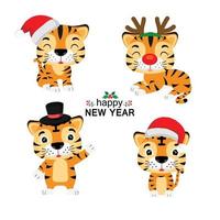 Set of  Christmas tiger cartoon character. vector