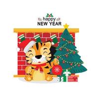 Merry Christmas and happy new year greeting card. Year of the Tiger. vector