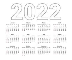 English calendar of 2022 year, calender. Vector Illustration