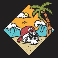 Ilustración de una calavera con gafas y un sombrero en la playa vector