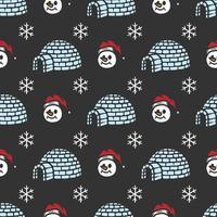 winter seamless pattern with snowman igloo house and snowflakes vector