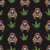 hippie male skull and cannabis leaf character seamless pattern on black background vector