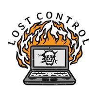 illustration of laptop on fire with broken screen in vintage style