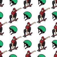 seamless pattern skateboarder and skateboard helmet vector