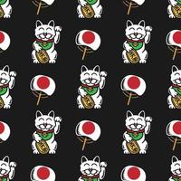 seamless pattern of neko maneki and japanese fan vector