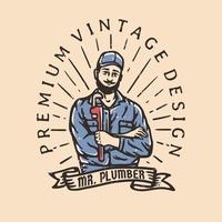 plumber logo holding wrench in vintage style vector