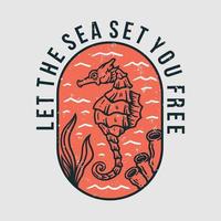 illustration of a seahorse in the deep sea with coral and seaweed vector