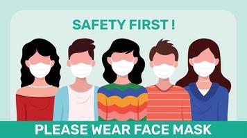 grupo de personas que usan máscaras médicas para prevenir el virus corona, ilustración de vector de contaminación mundial