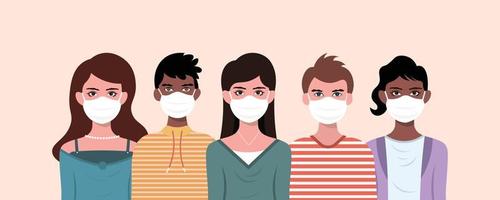 Group of men and women of diverse culture wearing medical mask. Diversity multi-ethnic and multiracial people. Concept of racial equality and anti-racism. Multicultural society. vector