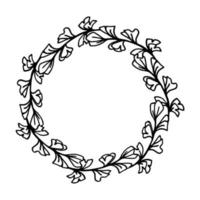 Ginko biloba wreath with hand drawn leaves , black ink on white background