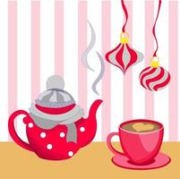 The Christmas card of the tea set is teapot dressed in hat and wrapped with scarf, hanging glass balls and mug of hot latte coffee. Festive mood with a delicious drink. Keep warm with warmth. vector