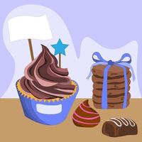 postcard - muffin with whipped cream with writing board on skewer, cookies with pieces of chocolate tied with blue ribbon, and chocolates candy. vector