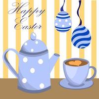 Felices Pascuas. tarjeta de pascua - tetera con café con taza en platillo de color azul estaba sobre la mesa. bolas de cristal en forma de huevos con lazo. felicitaciones por pascua y primavera. Hola primavera vector