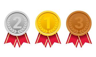 Gold, silver and bronze medals with red ribbon. Awards for winners and champions. Vector illustration