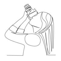 Continuous line drawing female photographer taking pictures with camera. Vector illustration