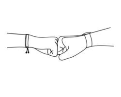 Continuous line of two person bumping fist. Team work, partnership, friendship, passion, spirit hands gesture sketch concept. Vector illustration