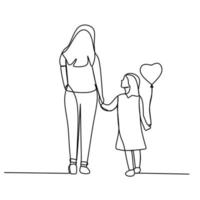 Mom and daughter walking together holding balloons continues line drawing. Mother's day concept vector