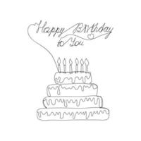 Continuous line drawing happy birthday to you. Greeting card with cake and candles. Vector illustration.