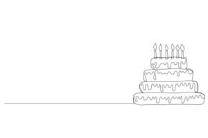 Pastel de cumpleaños de dibujo de línea continua con vela. símbolo de celebración momento feliz en la ilustración de vector de fondo blanco.