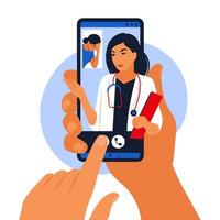 Online doctor and medical consultation concept. Female doctor helps a patient on a mobile phone. Mobile application. Vector illustration. Flat.