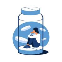 Concept of antidepressants. Depressed woman is sitting trapped in a pill bottle. Medicine. Addiction. Flat. Vector illustration.