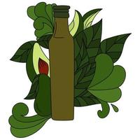 aceite de aguacate estilo doodle, hojas, frutas y patrones ornamentados vector