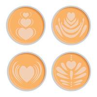 Coffee art on foam, set of pattern designs on latte in the shape of hearts and curls, top view of coffee cups vector