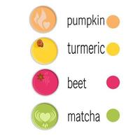 Set of healthy trendy latte drinks in bright colors, cups with bright drinks top view vector