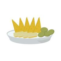 Plato de queso, dos tipos de rodajas de queso y aceitunas verdes en un plato vector