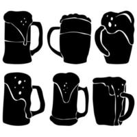 Set of silhouettes of glass mugs with beer, foamy drink in a high glass with a handle vector