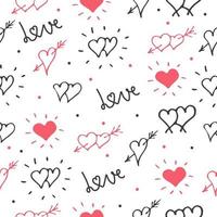 Hand drawn doodle red and black hearts with text love seamless pattern on white background. Vector illustration