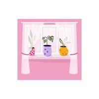 Window with house plants in pots. Vector illustration.