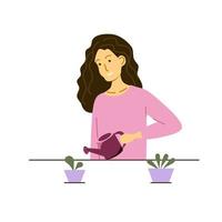 The girl is watering indoor plants. Vector illustration.