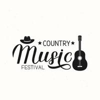 Country Music festival lettering with hat and guitar. Shabby retro inscription. Acoustic guitar musical show typography poster. Vector template for banner, sign, flyer, logo design, invitation.