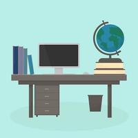 Vector illustration in flat style of table with computer, books and globe on it. Workplace of the student. Room or office interior. Education and learning concept.