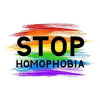 Stop homophobia lettering on LGBT community flag. Symbol of gay pride. Grunge brush strokes texture the colors of the rainbow. International Day Against Homophobia vector illustration.