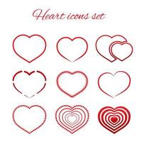 Set of nine red hearts flat icon isolated on white background. Valentine s day vector collection. Love story symbol. Health medical theme. Easy to edit design template.