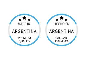 Made in Argentina round labels in English and in Spanish languages. Quality mark vector icon. Perfect for logo design, tags, badges, stickers, emblem, product package