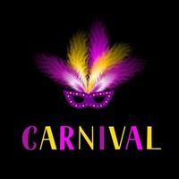 Carnival lettering with mask and colorful feather on dark background. Masquerade party poster or invitation. Vector template for carnival of Venice, Brazil, New Orleans, Oruro, Nice, etc.