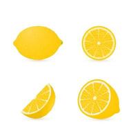 Set of four fresh lemons different views whole, half, slice, cone . Natural organic citrus fruits isolated on white. 3d realistic lemon vector illustration.