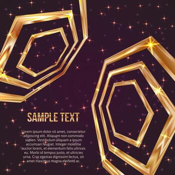 Bright golden hexagon on a dark purple background with sparkling stars and particles. Luxury vector illustration. Easy to edit design template for your business projects.